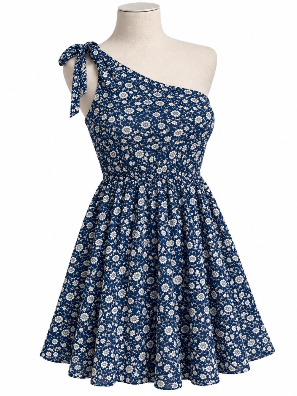 SHEIN Navy One-Shoulder Floral Tie-Shoulder Dress
